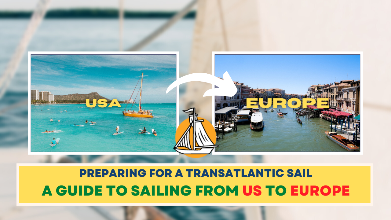 A sailboat on the ocean with a map of the Atlantic and Europe in the background representing the journey of sailing from the US to Europe.