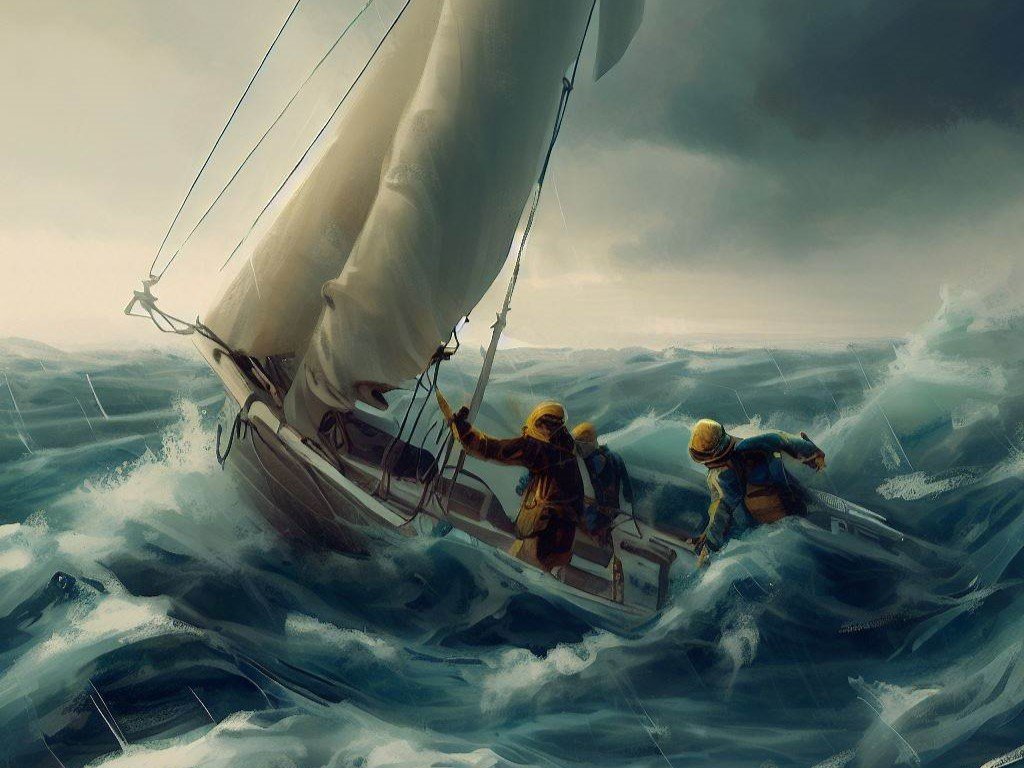 A scene of a stormy sea with strong winds and waves. A sailboat is struggling to stay afloat in the middle of the sea. The sailboat has a torn sail and a broken mast. The crew is wearing raincoats and helmets and is holding onto the boat.