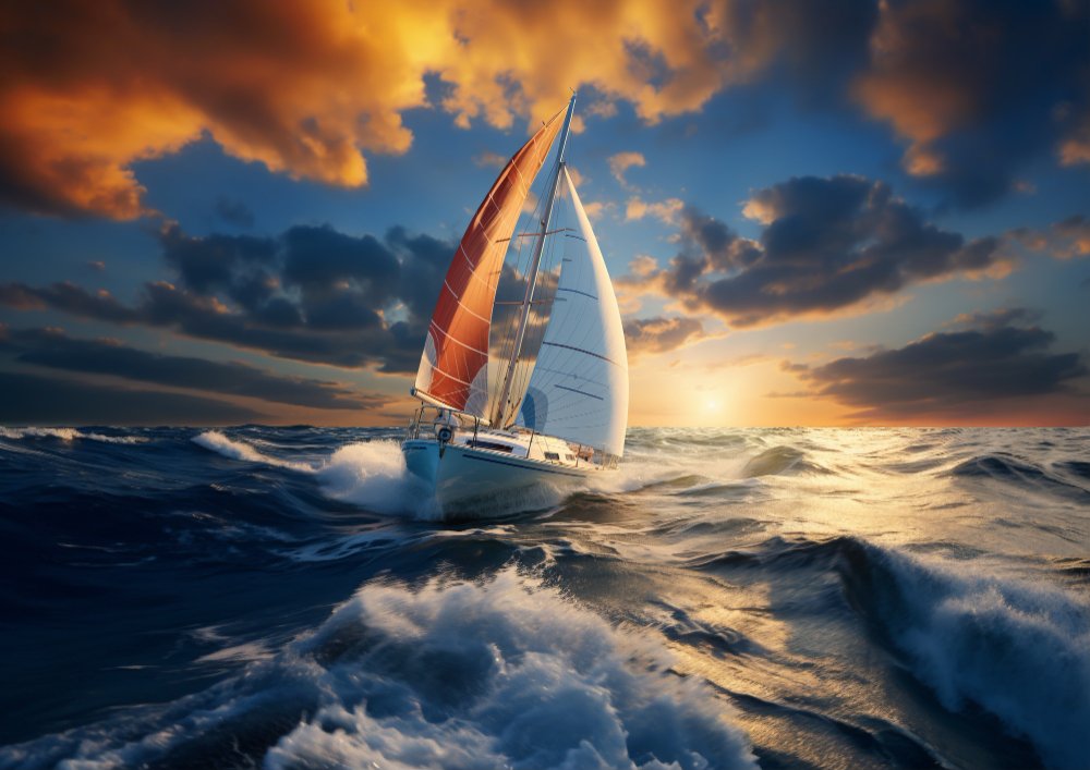 A sailboat navigating through choppy ocean waves at sunset, with dramatic clouds in the sky.