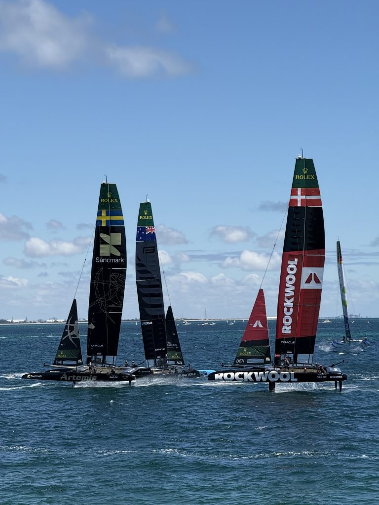 The Artemis, Black Foils and Rockwool Denmark F50s racing in line at the 2026 Perth Sail Grand Prix