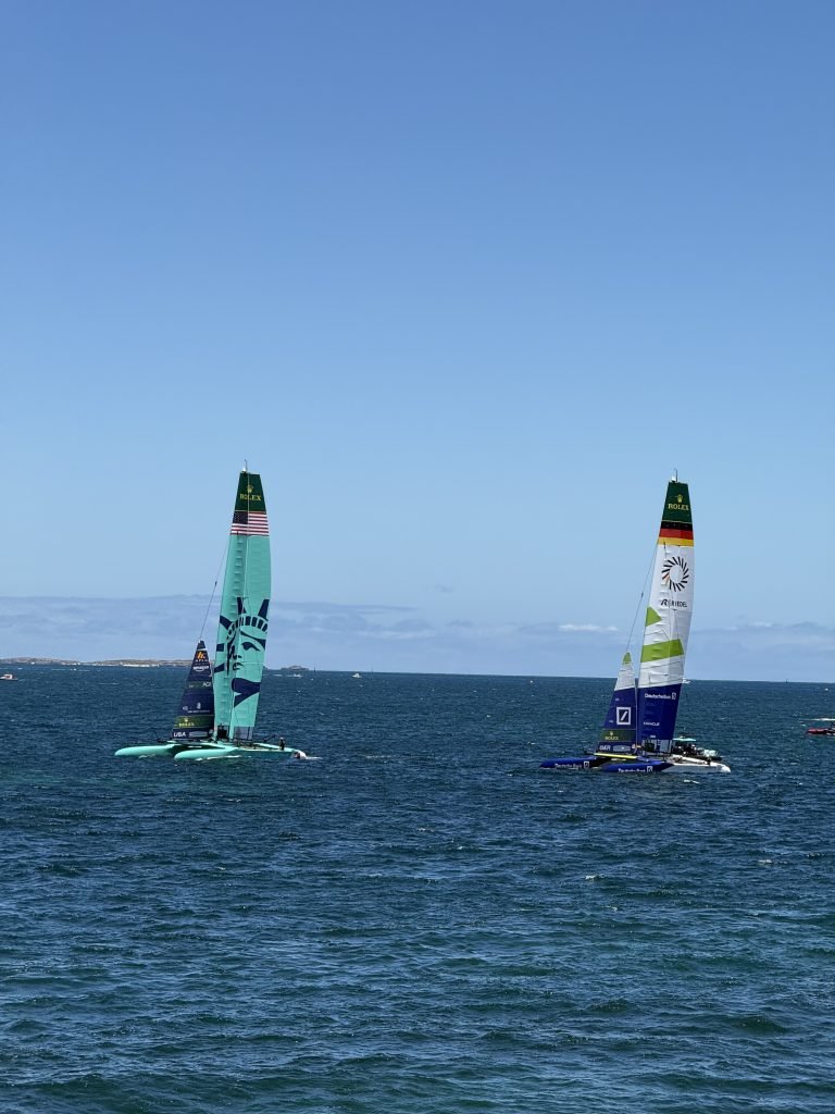 The United States and Germany SailGP F50s sailing close to one another during the 2026 Perth Sail Grand Prix