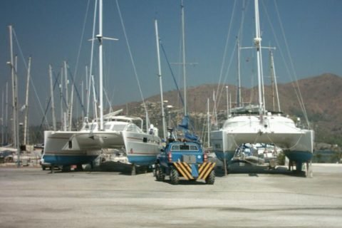 Catamarans on land at the "Marmaris Yacht Marina" in Marmaris, Turkey. Coordinates only approximate, looking roughly east